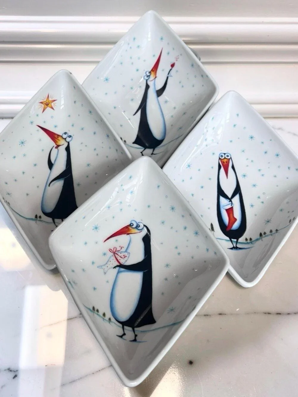 RARE Royal Worcester Clare Mackie Penguin Hors d'Oeuvres Christmas Dish Set of 4